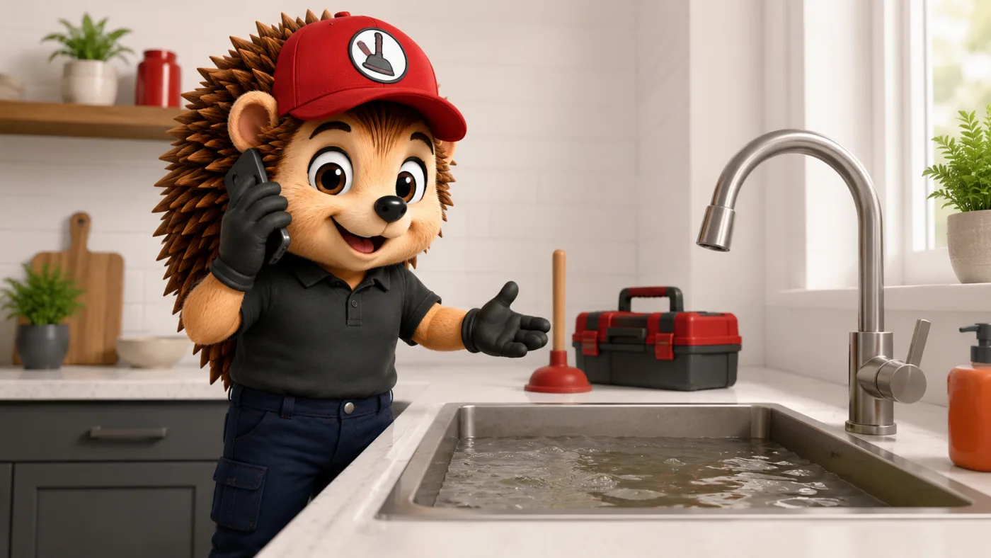 Le hérisson mascotte en tenue de travail, casquette rouge et polo noir, tenant un smartphone à l'oreille et montrant un évier de cuisine claire rempli d'eau boueuse, avec ventouse rouge et boîte à outils sur le plan de travail