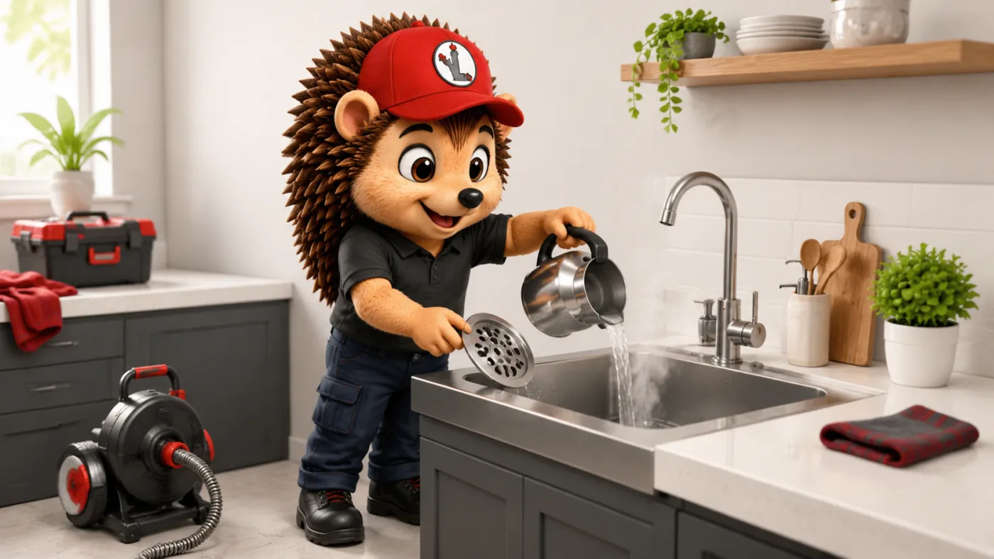 Le hérisson mascotte en tenue de travail, casquette rouge et polo noir, dans une cuisine claire et lumineuse aux murs blancs, geste d'entretien préventif de la canalisation de l'évier, style 3D cartoon premium, palette anthracite et rouge