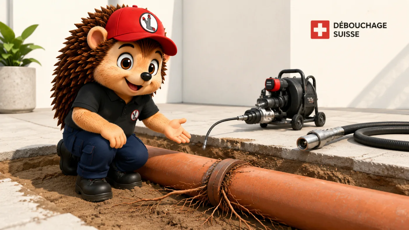 Le hérisson mascotte en tenue de travail, casquette rouge et polo noir, dans une tranchée de chantier claire et lumineuse, canalisation souterraine dégagée et racines coupées près de lui, furet motorisé à la main, style 3D cartoon premium, palette anthracite et rouge