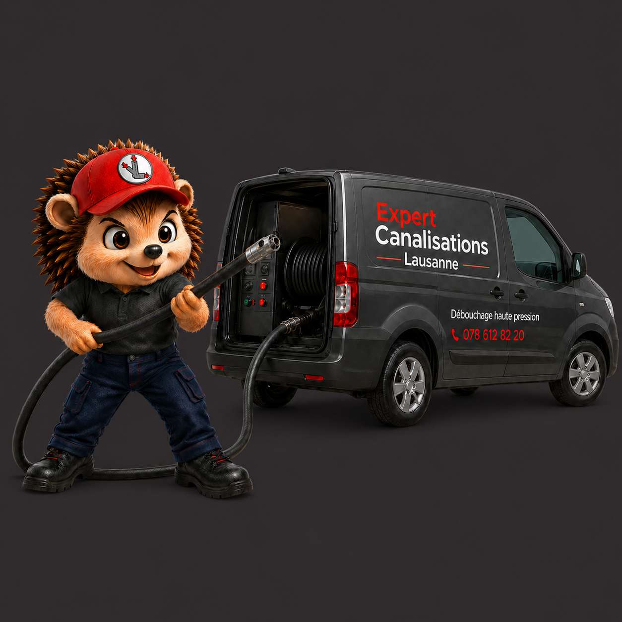 Mascotte Expert Canalisations devant le van d'intervention équipé pour le débouchage haute pression